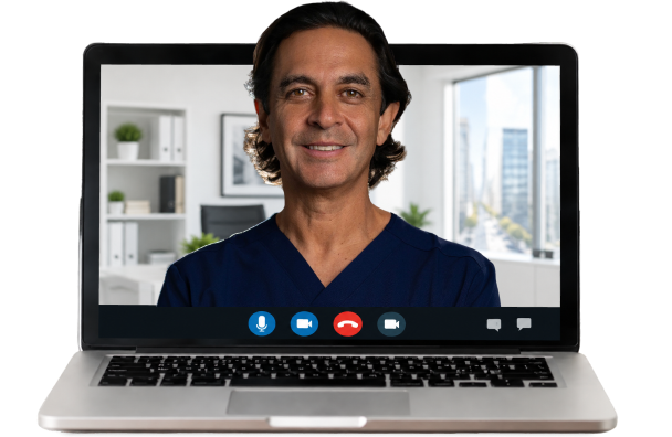 Dr. Baravarian in medical scrubs on a video call, shown on a laptop screen